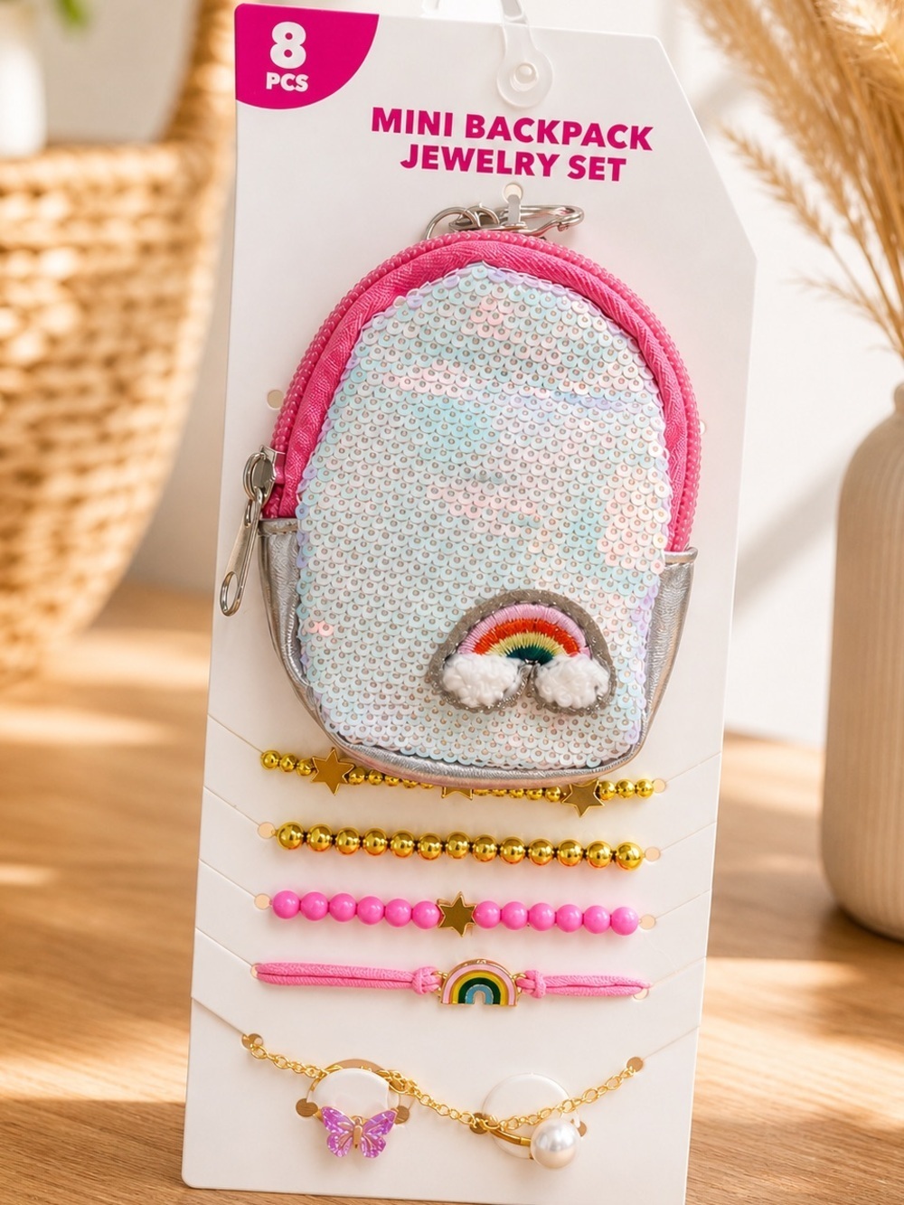 New Girls Mini Sequin Backpack & Jewelry 8 Piece Gift Set Bracelets & Rings